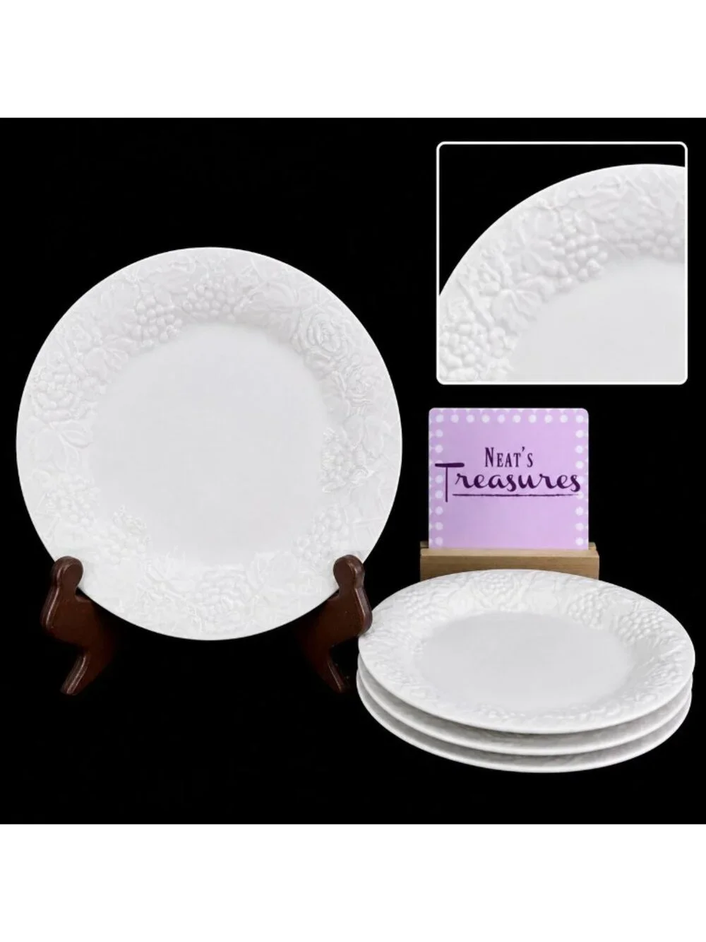Gibson FOUR SEASONS White Embossed Fruit Floral Trellis Rim Salad Plates Set 4